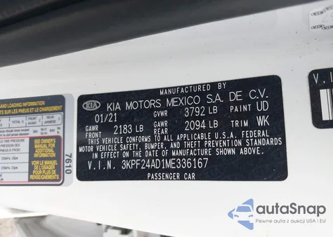 2021 Kia Forte Lxs из США, поврежденный, VIN 3KPF24AD1ME336167